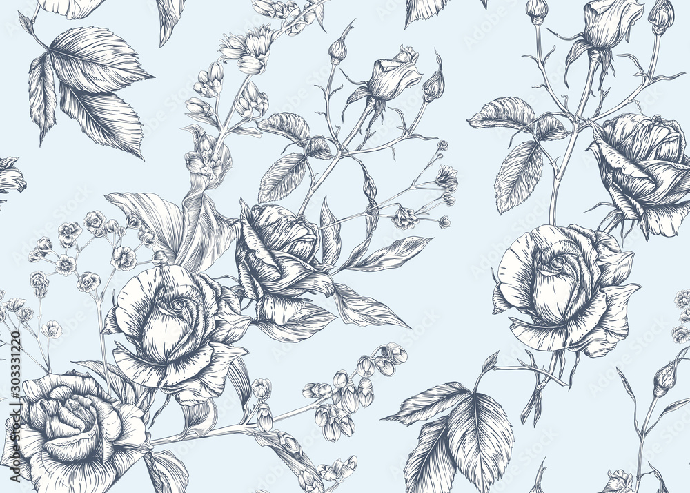 Roses and spring flowers seamless pattern. Graphic drawing, engraving style. Vector illustration. - obrazy, fototapety, plakaty 