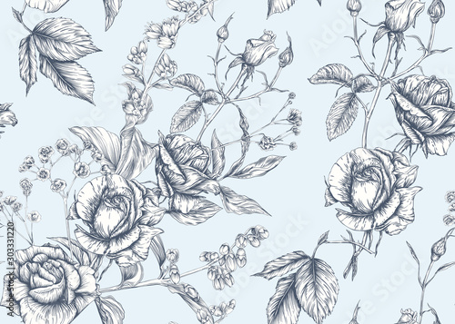 Roses and spring flowers seamless pattern. Graphic drawing, engraving style. Vector illustration.