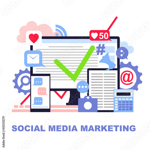 Flat concept of social media marketing witch graphic and blue web icons