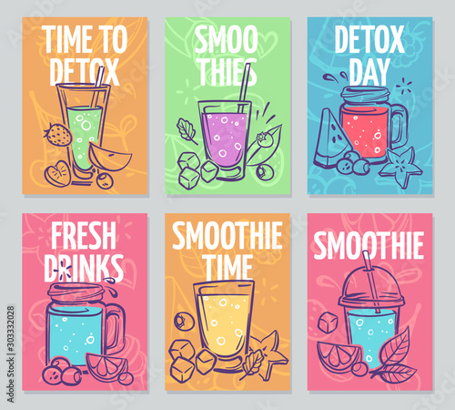 Smoothie flyers. Colorful smoothies poster, fresh cocktails, detox drinks healthy life vegan organic food banners vector design