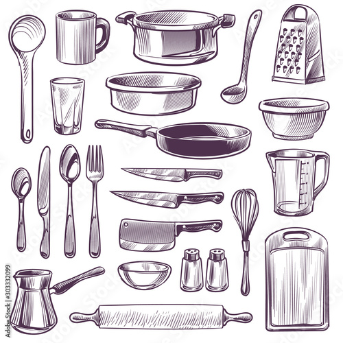 Kitchen utensils. Sketch cooking tools. Pan, knife and fork, spoon and grater, cup and glass, cutting board hand drawing vintage vector set