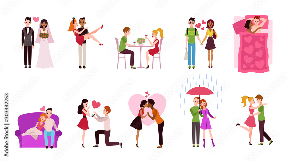 Romantic couples. Young men and women dating, happy loving characters on date hugging and kissing. Married couple with gifts vector set