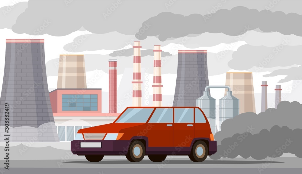Car air pollution. Co2 emissions by vehicles and industrial factories