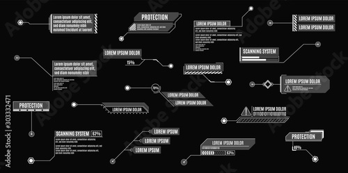 Callouts. Callout bar labels with titles, information call box interface bars and tech digital info boxes hud templates vector isolated set