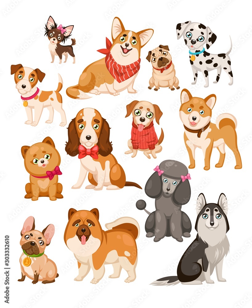 Happy dogs. Cute puppy pets and home funny animals cartoon isolated dog  vector set Stock Vector | Adobe Stock