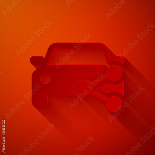 Paper cut Car sharing icon isolated on red background. Carsharing sign. Transport renting service concept. Paper art style. Vector Illustration