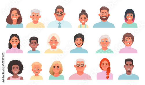 Set of avatars of characters of different ages and nationalities. A collection of portraits of men and women, boys and girls