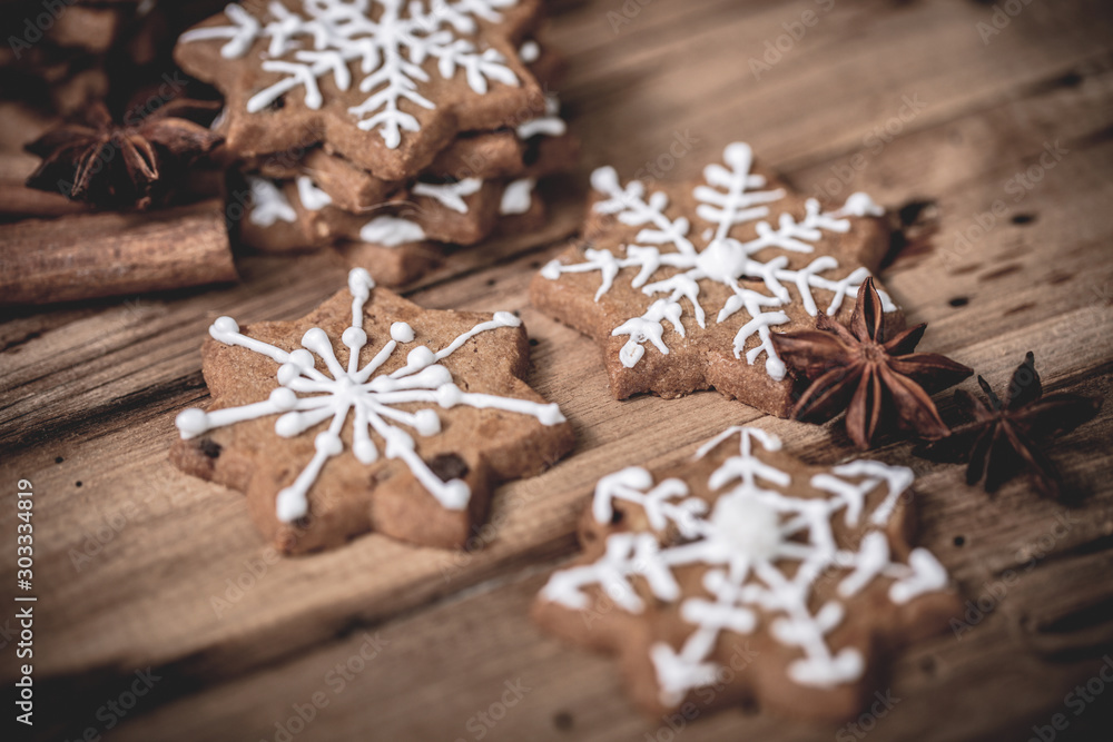 christmas cookies on christmas decoration rustical background