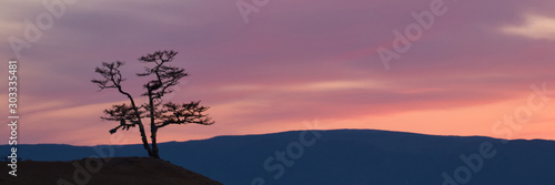 Wide angle panorama pink sunset,misty hills mountain tops in pink dawn © Baikal360