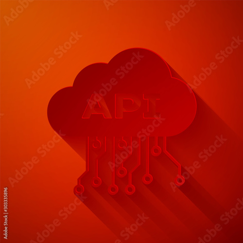 Paper cut Cloud api interface icon isolated on red background. Application programming interface API technology. Software integration. Paper art style. Vector Illustration