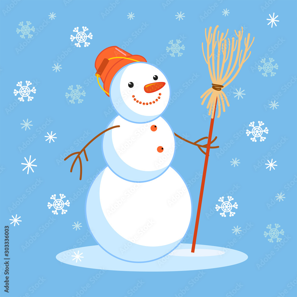 Φωτογραφία Funny russian snowman with a bucket on his head and a broom in his hand