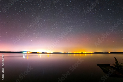 Starry sky over the lake. Starry sky background picture of stars in night sky and the Milky Way.