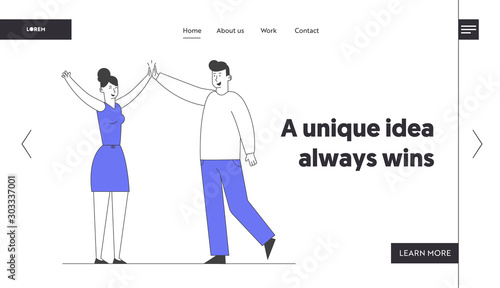Business Colleagues Giving Highfive in Office Website Landing Page. Man and Woman Beating Hands Rejoice for Good Job, Successful Project Web Page Banner. Cartoon Flat Vector Illustration, Line Art © Hanna Syvak