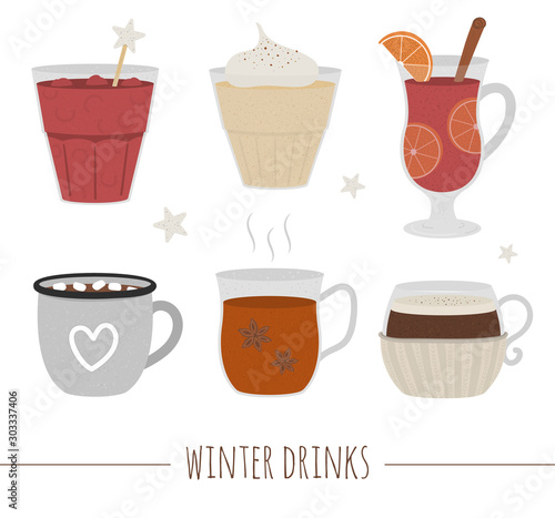 Set of winter traditional drinks. Holiday hot beverage collection. Vector illustration of cocoa, mulled wine, coffee, tea, eggnog, punch isolated on white background..