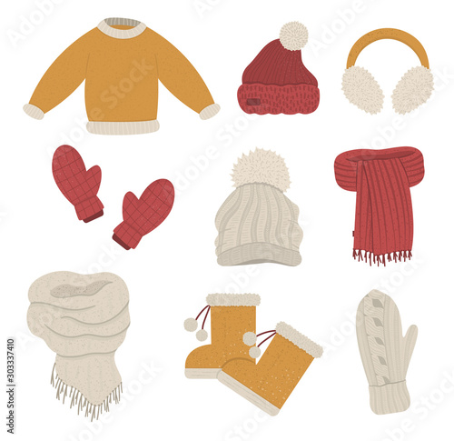 Winter clothes set. Collection of vector clothing items for cold weather. Flat illustration of knitted warm sweater, hats, gloves, scarves, boots..