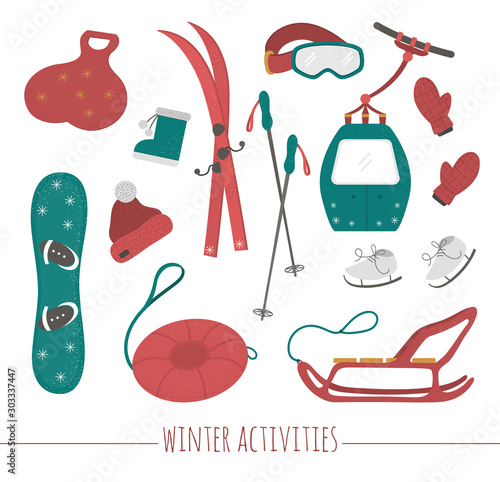 Set of sport equipment for winter sport activities. Vector illustration of skis, tube, sledge, skates, snowboard, clothes..