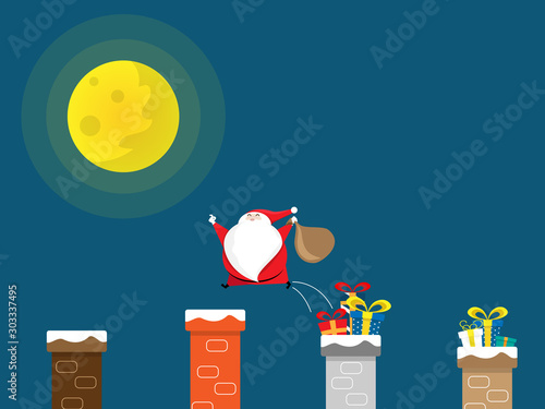 santa claus jumping with gift bag on chimney