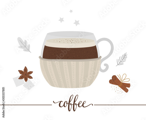 Vector illustration of coffee in mug with knitted holder isolated on white background. Winter traditional drink. Holiday hot beverage with sugar, anise, cinnamon. .