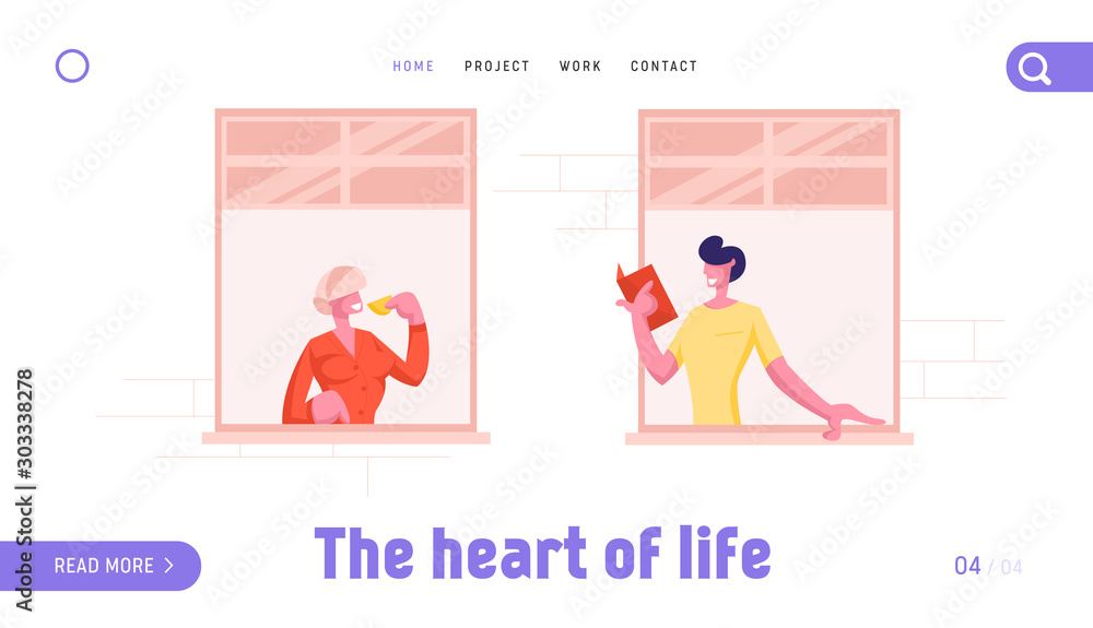 Neighborhood Website Landing Page. Facade of Building with Neighbors Standing at Windows. Hobby, Household Activities. Man Reading Woman Drinking Tea Web Page Banner. Cartoon Flat Vector Illustration Neighborhood Website Landing Page. Facade of Building with Neighbors Standing at Windows. Hobby, Household Activities. Man Reading Woman Drinking Tea Web Page Banner. Cartoon Flat Vector Illustration