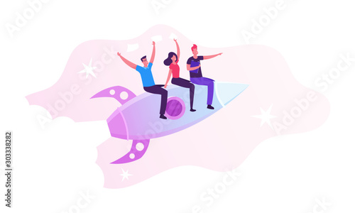 Business Competition, Leadership Concept. Businesspeople Team Waving Hands Flying Forward with Rocket Engine Racing to Financial Success. Corporate Challenge, Success Cartoon Flat Vector Illustration