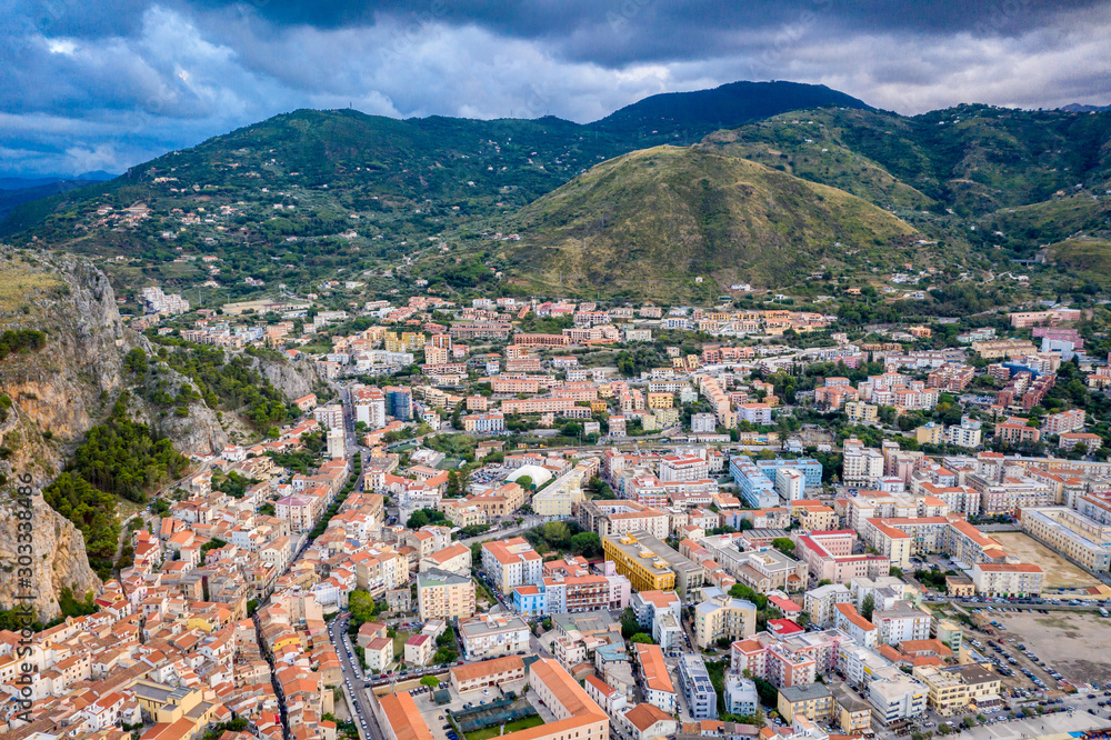 Panorama view on cityscape of Cefalu from drone. Tyrrhenian Sea. Sicily, Italy Panorama view on cityscape of Cefalu from drone. Tyrrhenian Sea. Sicily, Italy