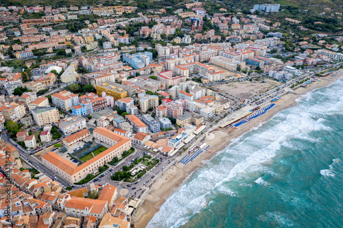 Panorama view on cityscape of Cefalu from drone. Tyrrhenian Sea. Sicily, Italy