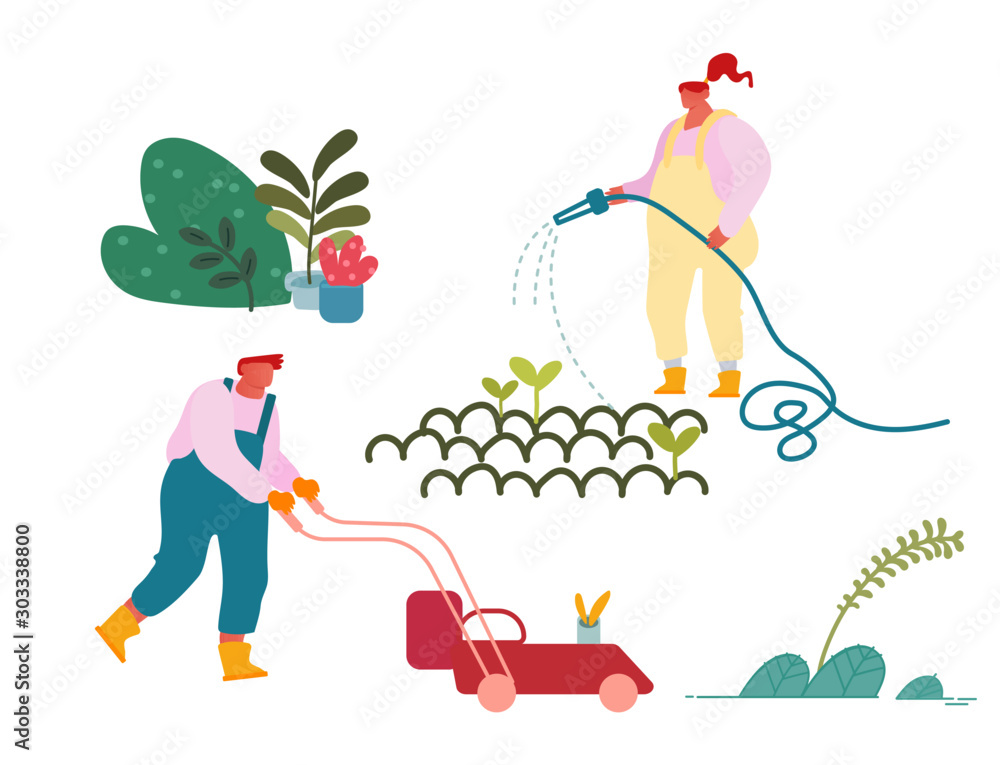 Fotografie Happy Characters Working in Summer Garden