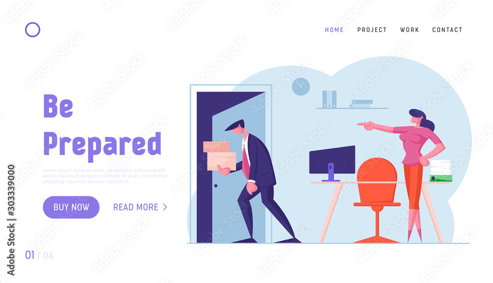 Businessman Get Fired from Job Website Landing Page. Upset Collar with Cardboard Boxes in Hands Leaving Office with Angry Lady Boss Pointing on Door Web Page Banner. Cartoon Flat Vector Illustration