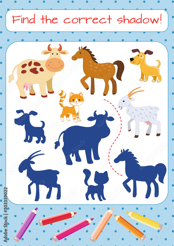Set of domestic animals: cow, horse, goat, cat, dog. Find the correct shadow! Educational mini-game for children. Cartoon vector illustration