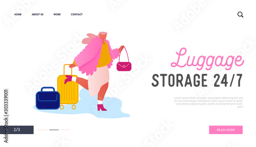 Traveling Tourist on Vacation Website Landing Page. Woman Traveler with Luggage Inn to Hotel for Night. Guest with Baggage Going to Rent Apartment Web Page Banner. Cartoon Flat Vector Illustration