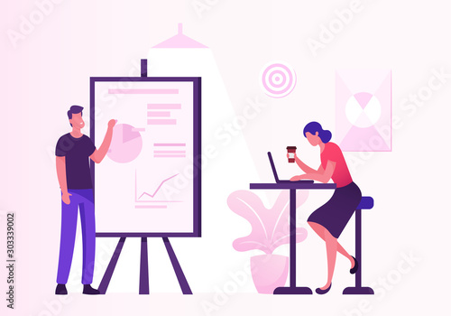 Business Meeting in Creative Office. Project Presentation, Male Character Point on Financial Data Analysis Graphs on Flip Board to Business Colleague Sitting at Desk. Cartoon Flat Vector Illustration