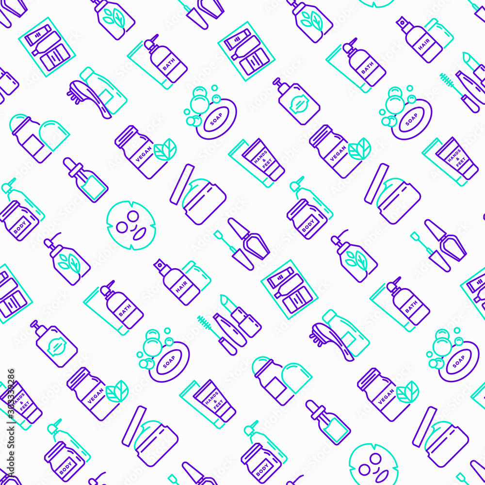 Beauty products seamless pattern with thin line icons: skin care, cream, gel, organic cosmetics, make up, soap dispenser, nail care, beauty box, deodorant, face oil, sheet mask. Vector illustration. Beauty products seamless pattern with thin line icons: skin care, cream, gel, organic cosmetics, make up, soap dispenser, nail care, beauty box, deodorant, face oil, sheet mask. Vector illustration.