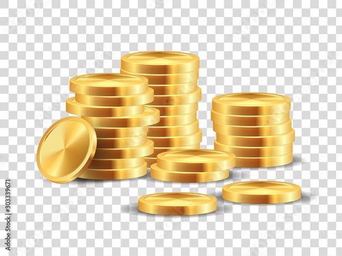 Golden coin stack. Realistic gold dollar coins game template for win lots in casino. Vector 3D cash money isolated on transparent background, symbolizing profit in business
