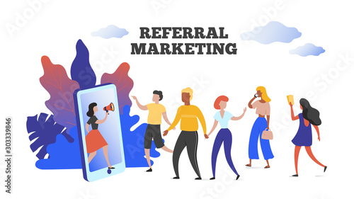 Referral marketing. Communication influence advertising concept, refer your friend client loyalty program. Vector image customers group people holding hands and walking to smartphone photo