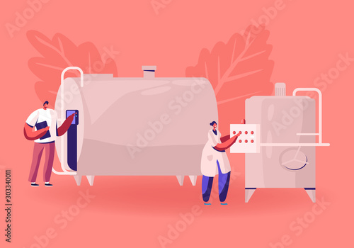 Manufacture, Industry and Dairy Food Production. Man and Woman Technologists Switch On Tanks for Milk Pasteurization on Factory. Industrial Worker Machinery Technology Cartoon Flat Vector Illustration
