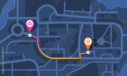 City map route. Flat theme GPS navigation map with streets parks and river, simple map with route and pins. Vector creative cartoon mockup with location symbols routs and navigational system mark