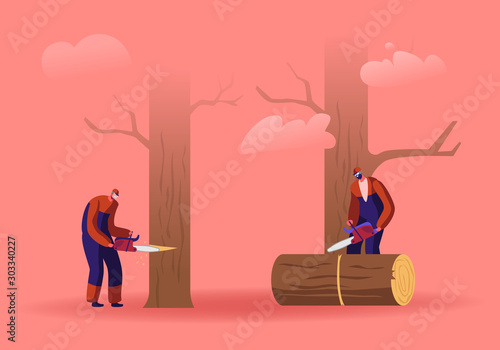 Two Men Loggers Sawing Logs and Trees in Forest