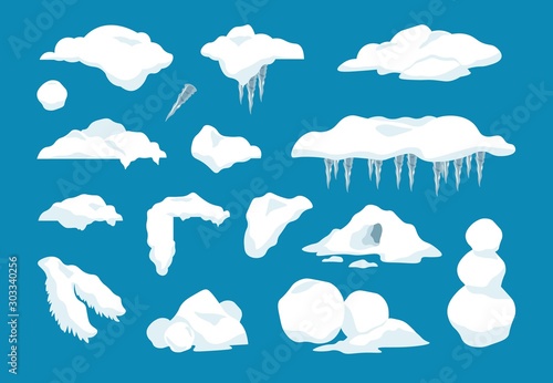Cartoon snow caps. Frozen drips and transparent icicles with snowballs and snow drifts, winter decoration frame elements. Vector set illustrations frost snow pile with beautiful signs xmas photo