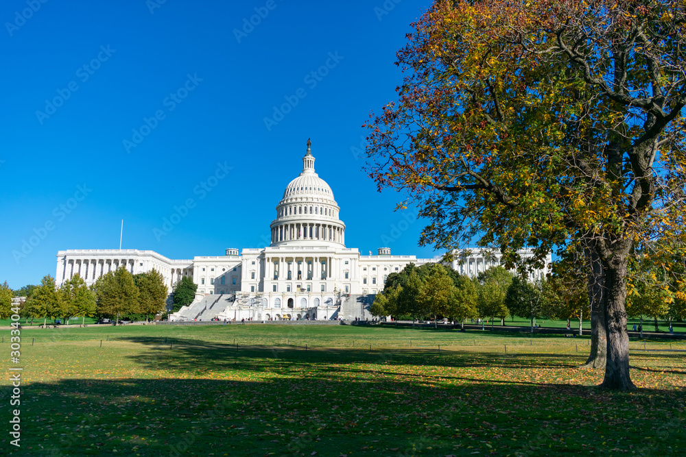United States Capitol Building with Colorful Trees and a Green Lawn during Autumn in Washington D.C.