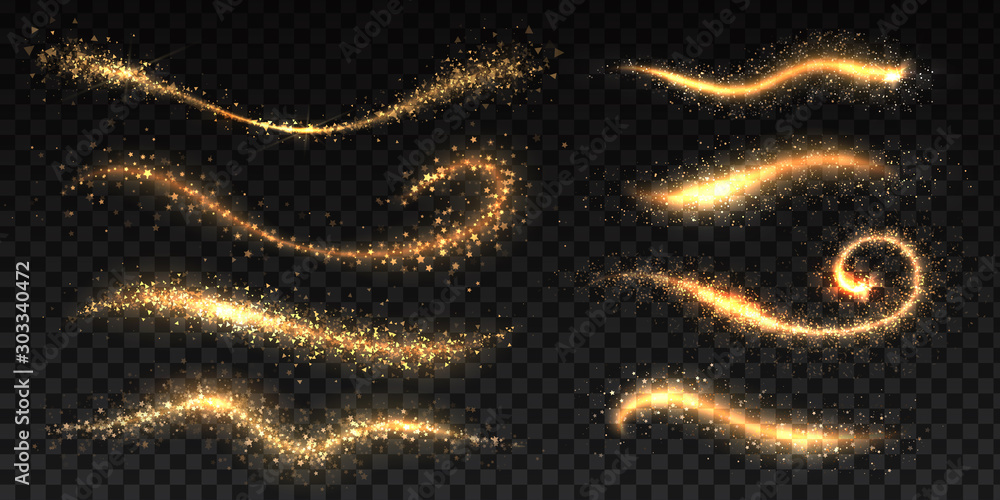 Fototapeta Gwiezdny pył Złote błyszczące szablony pędzla, błyszczące ślady gwiazd lub komet, świąteczna połyskująca tekstura. Obrazu wektorowego świecące efekt jasności fali czarodziejka blask magii ilustracji