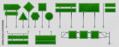 Road signs. Highway traffic signboard and blank street boards, green road pointers isolated on transparent background. Vector set road board text panel, location street arrow way