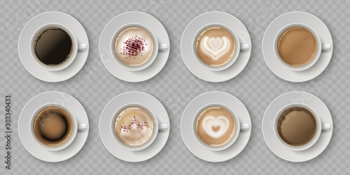 Realistic coffee cup. Top view of milk creams in cup with espresso cappuccino or latte, 3d isolated cafe mugs. Vector illustration coffee drink with image on foam in white cups set on transparent