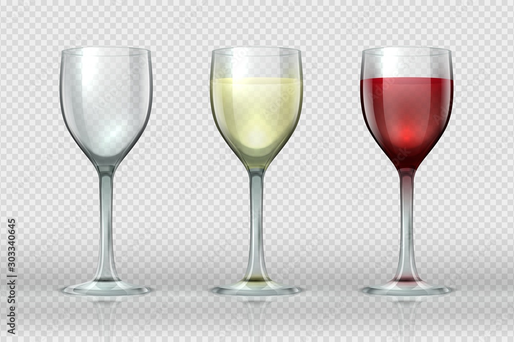 Realistic wine glasses. Wineglass with red and white wine for gourmets. 3D empty isolated glass cup on transparent background for festive events and cards