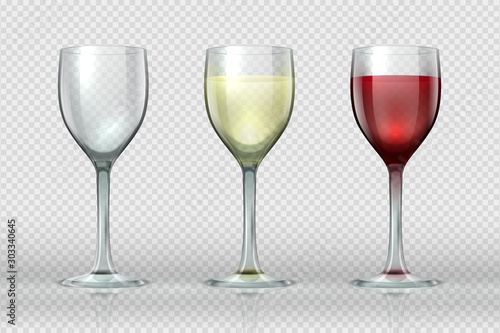 Realistic wine glasses. Wineglass with red and white wine for gourmets. 3D empty isolated glass cup on transparent background for festive events and cards