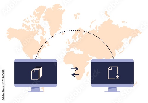 File transfer concept. Two computers transferred documents, exchangers files technology concepts. Sharing file vector graphic flat illustration digital system, receiving and transference data