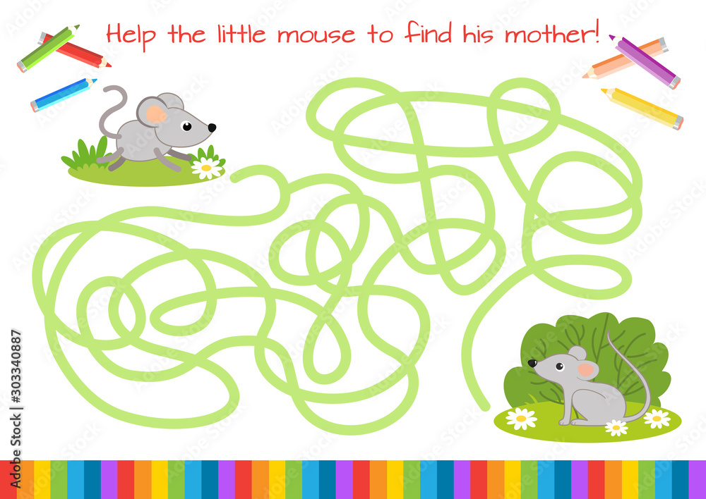 Help the little mause find mom. Educational mini-game for children. Cartoon vector illustration