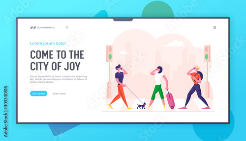 People Pedestrians Walking on Urban Street by Zebra Website Landing Page. Characters Walking and Traveling in City with Traffic Lights and Crosswalk Web Page Banner. Cartoon Flat Vector Illustration