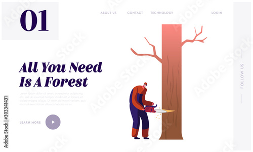 Woodcutter Job Website Landing Page. Lumberjack Male Character Sawing Tree with Chainsaw. Lumber Worker with Equipment and Tool Working in Forest Web Page Banner. Cartoon Flat Vector Illustration