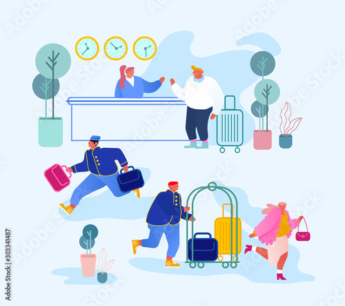 People Arrive and Leave Hotel. Businessman Stand at Reception Take Keys from Room at Clerk Desk. Lobby Staff Meeting Guests. Bellboy Carry Woman Luggage. Hospitality Cartoon Flat Vector Illustration