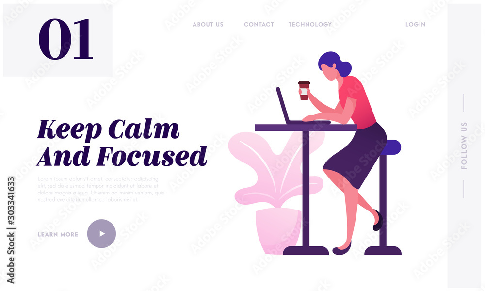 Business Process Website Landing Page. Young Office Woman in Elegant Formal Suit Sitting at Table with Cup of Coffee in Hand and Working on Laptop Web Page Banner. Cartoon Flat Vector Illustration